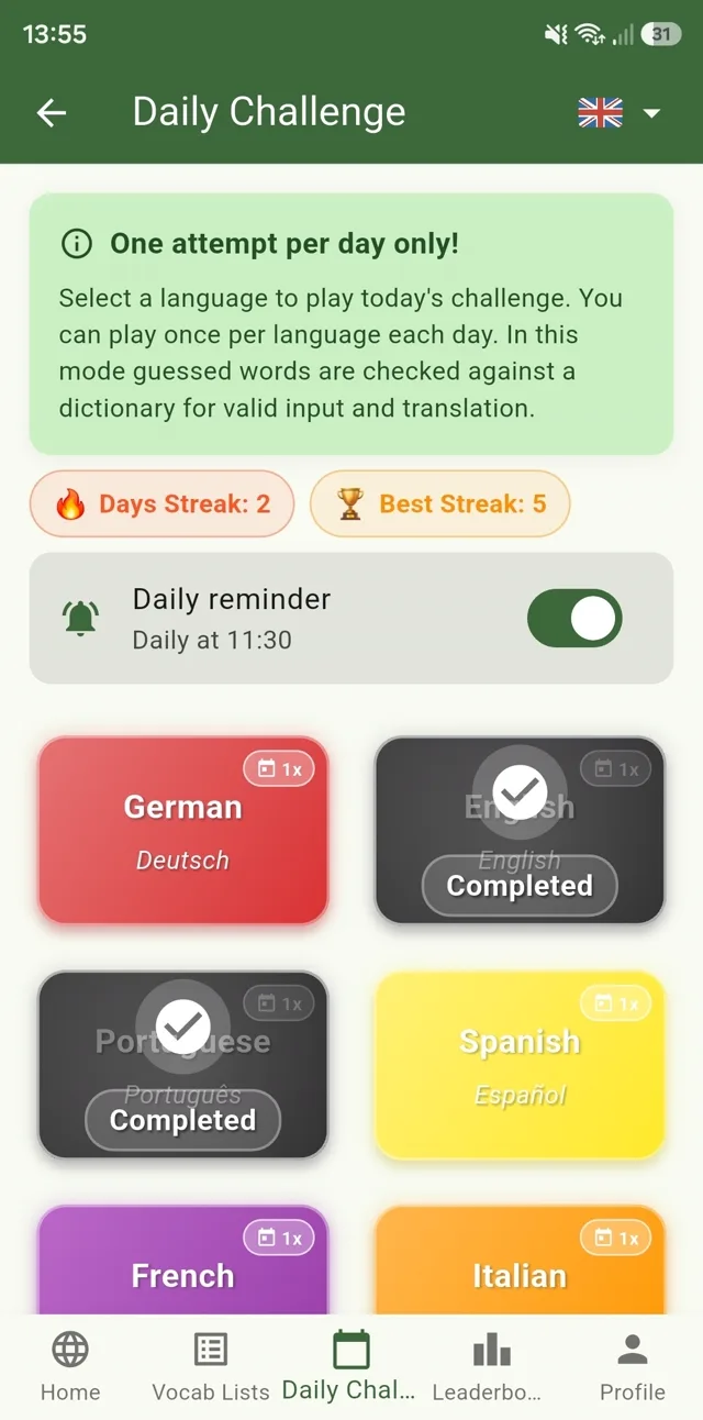 The daily challenge screen: a language card for each language, two already marked completed today.