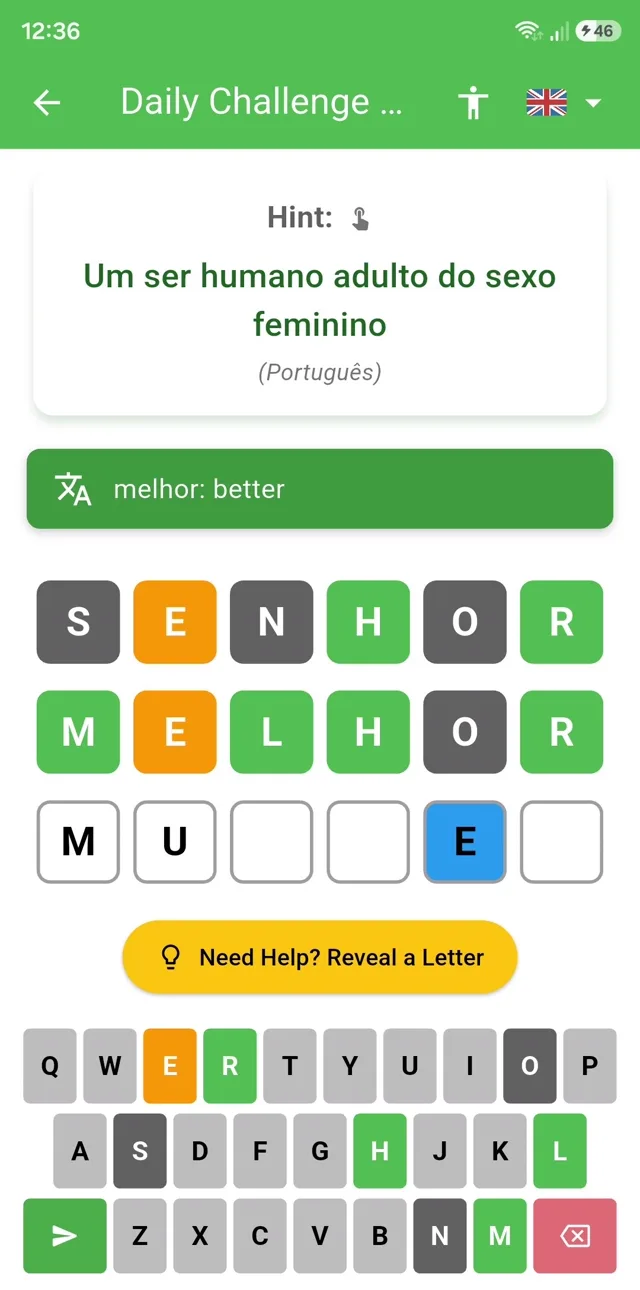 A Word Quip puzzle in progress: guessing the Portuguese word MULHER, with a hint in Portuguese, an English translation, and rows of coloured letter tiles.
