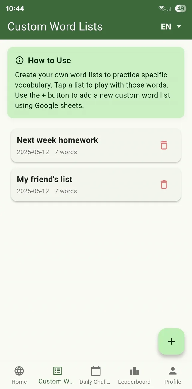 The custom word lists screen, showing two saved lists of seven words each.