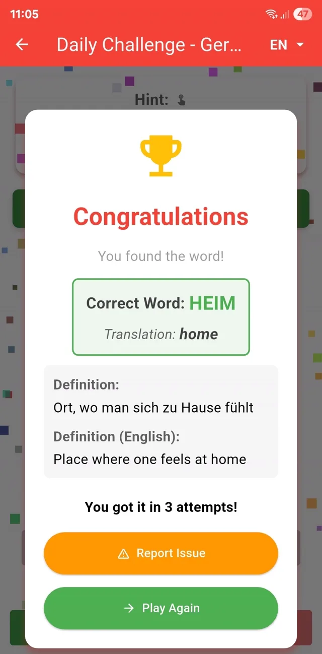 A solved German daily challenge: the word HEIM, its translation home, and definitions in German and English.